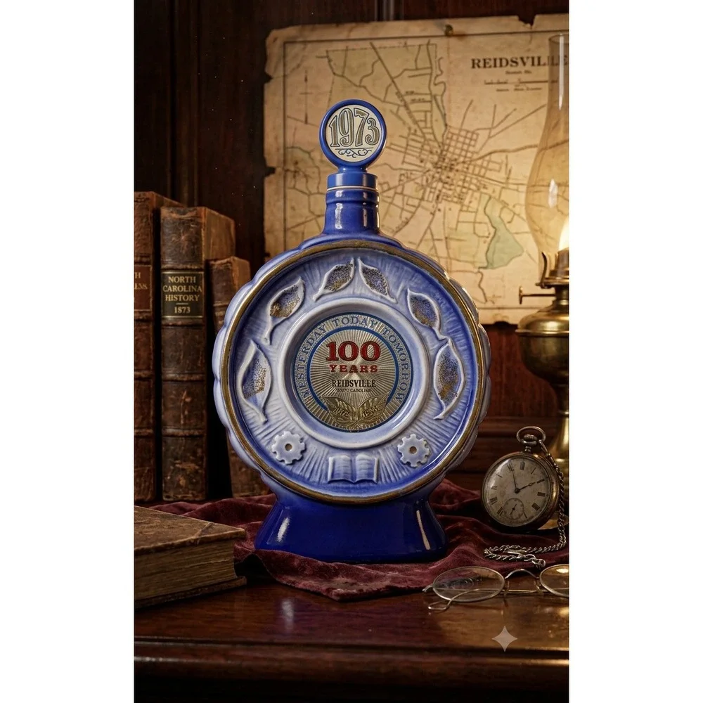 Jim Beam Reidsville NC Centennial Decanter 1873-1973 Blue Gold Vintage Ceramic